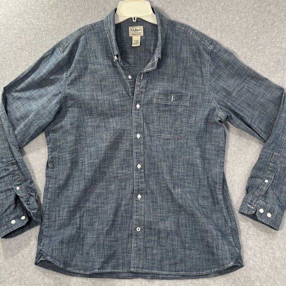 L.L. Bean Button Down Shirt Men L Blue Solid Cotton Spandex Traditional Fit